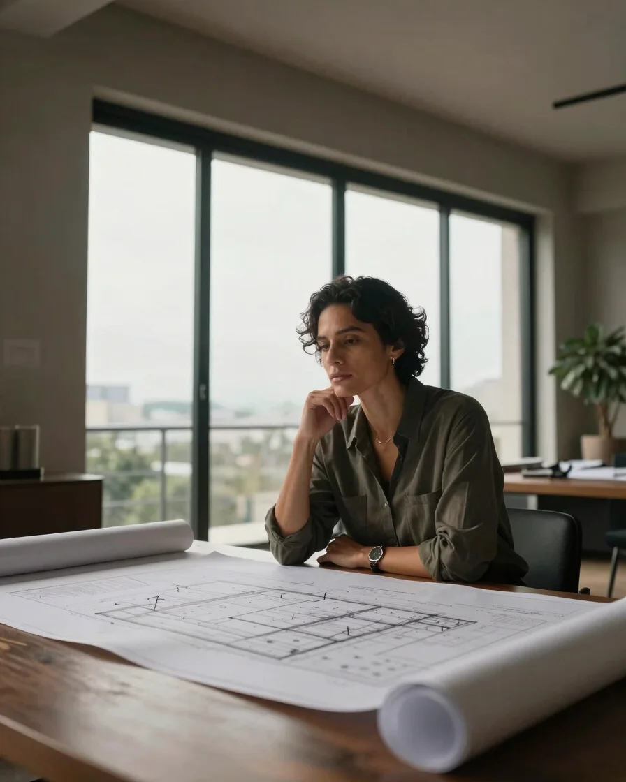 Portrait of a sophisticated Brazilian architect, mid-30s, looking